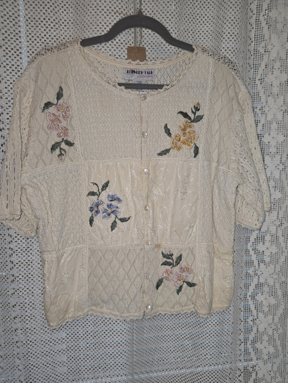 Bedford Fair Lifestyles Patchwork Crochet Embroidered Short Sleeve Sweater, L